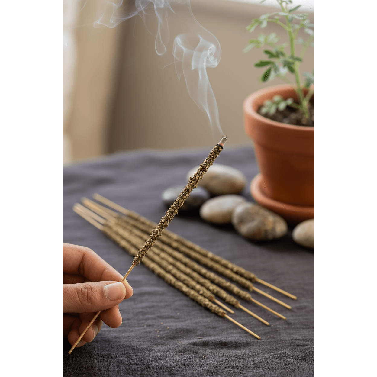 Close-up of a lit rue leaf incense stick held between fingers with smoke curling upward