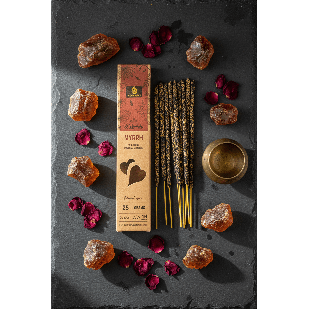 Sonavi Myrrh Incense Sticks 25g package flat lay with amber crystals, dried rose petals and brass bowl on dark slate