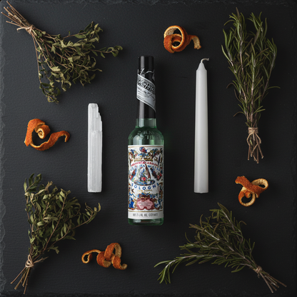 Florida Water Cologne 7.5 oz dark luxury flat lay with dried herbs, selenite wand, and white taper candle