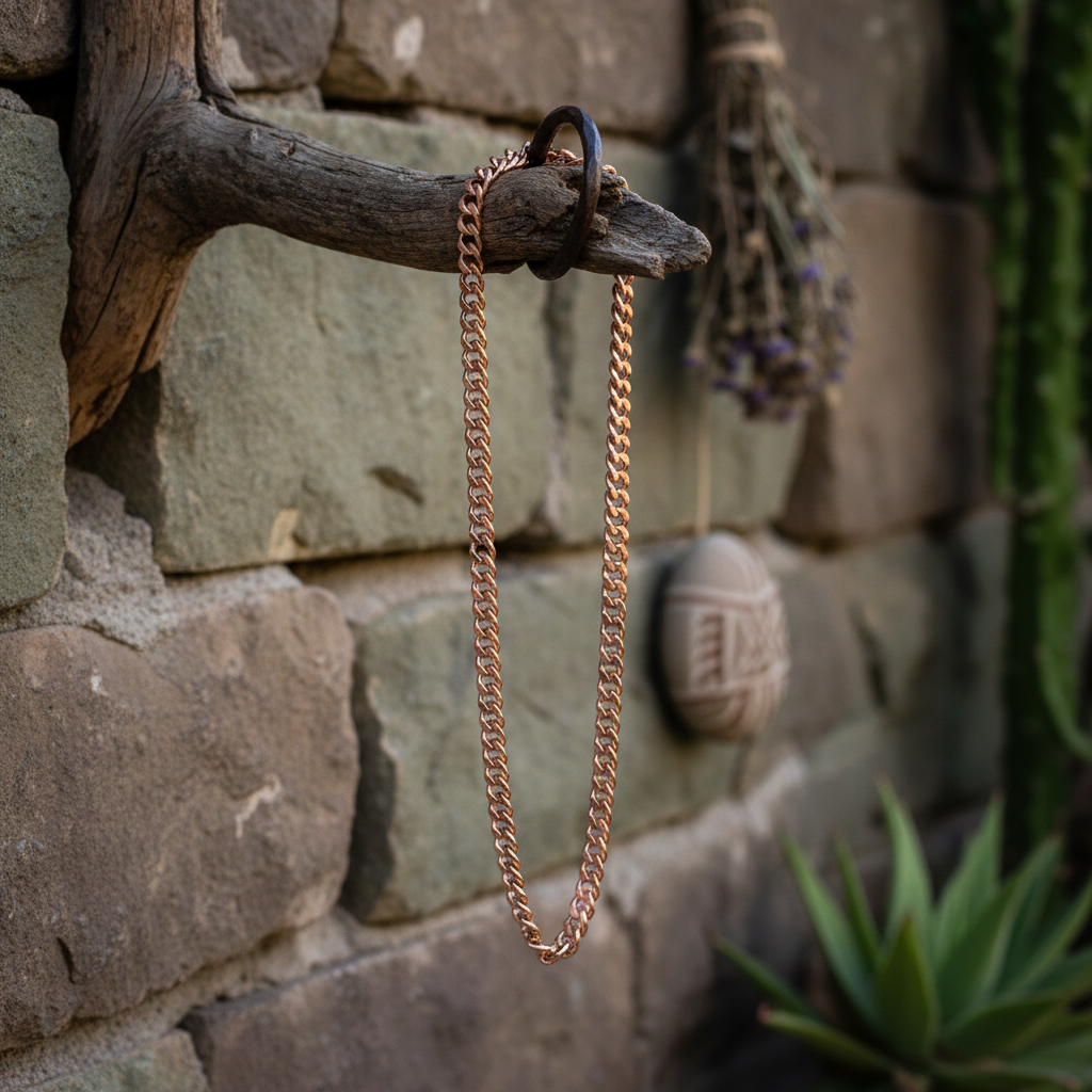 Copper heavy chain necklace hanging from a rustic wooden branch against a textured stone wall