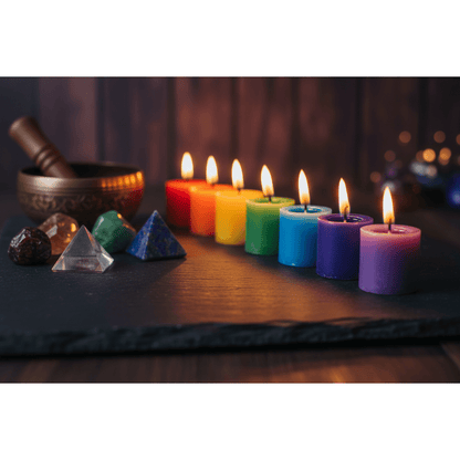 Chakra Votive Candle Set of 7 lit and glowing on a meditation altar with singing bowl and crystals