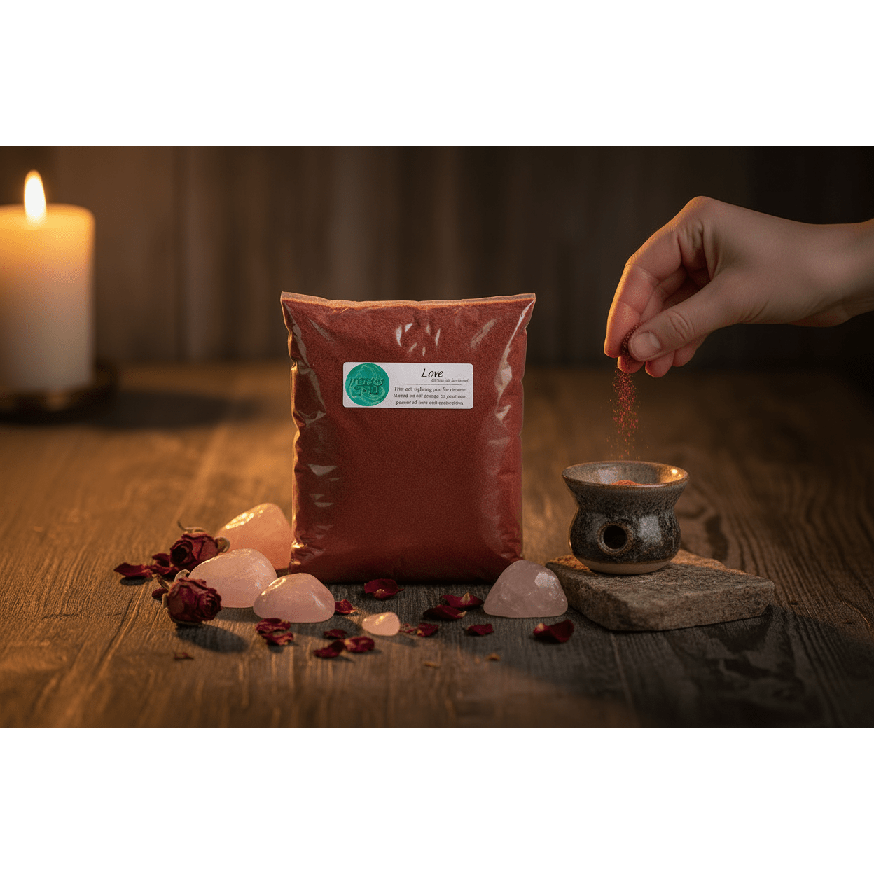 Close-up of Love Powder Incense 1 lb bag with powder being sprinkled into a dark ceramic cauldron on a stone altar with candlelight