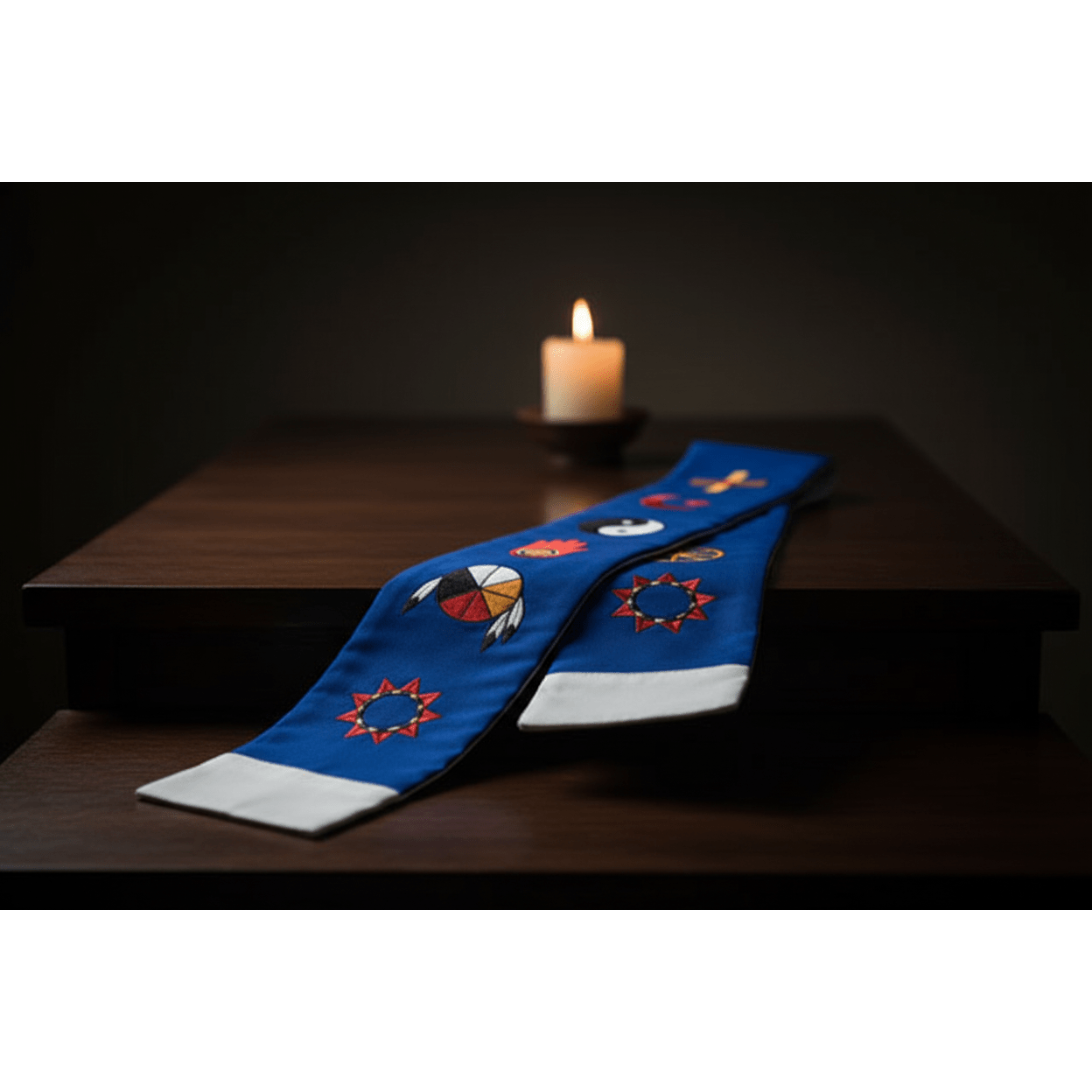 Blue and white interfaith minister's stole folded face-up on a dark wooden altar, low side angle with candle in background