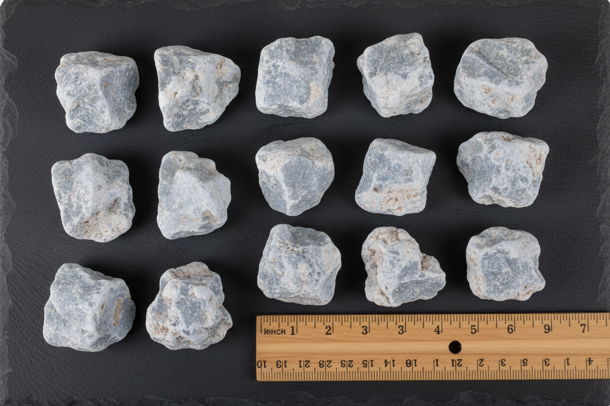 Angelite untumbled stones arranged in grid on dark slate with ruler for scale