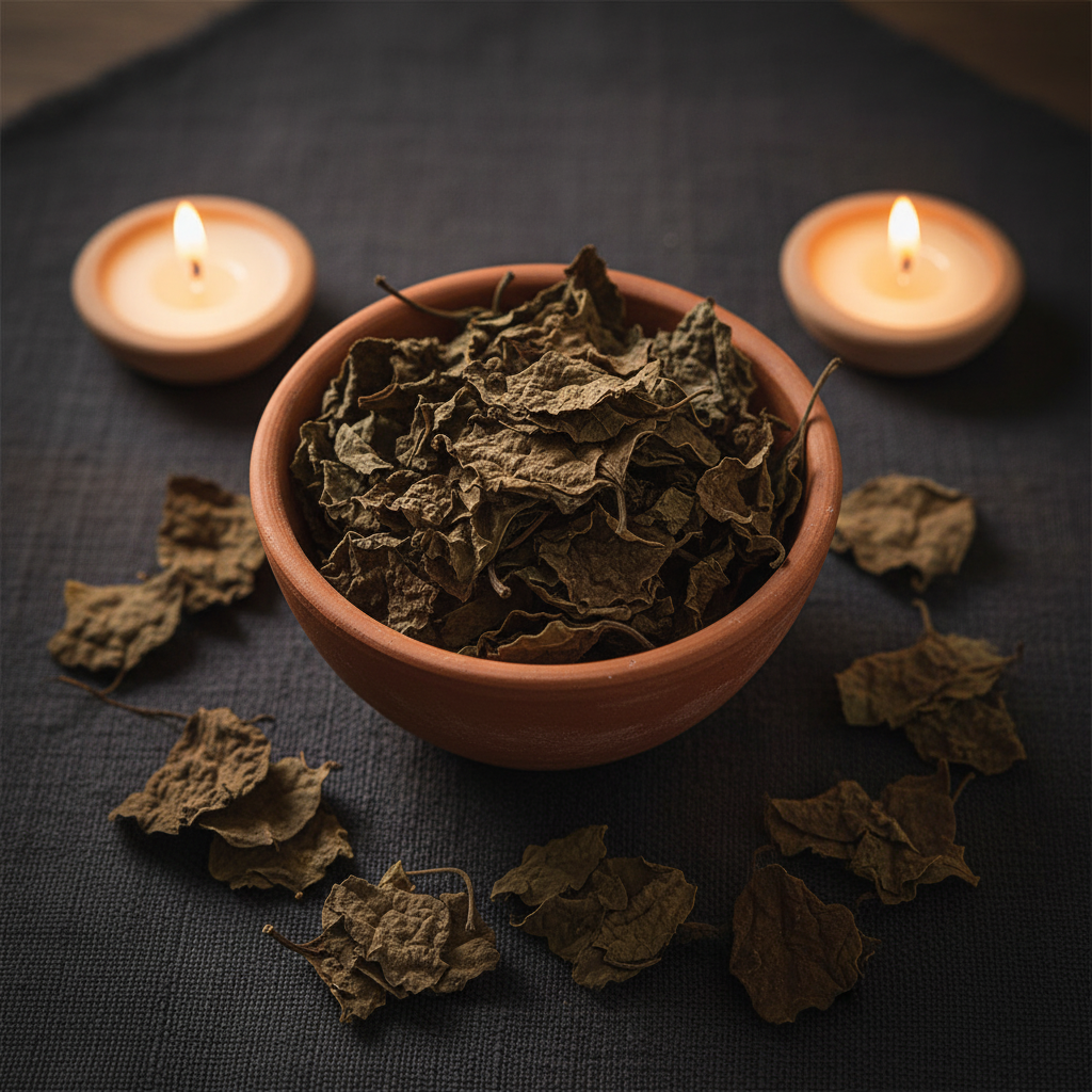 Dried patchouli leaves in a ceramic bowl with warm candlelight on dark linen