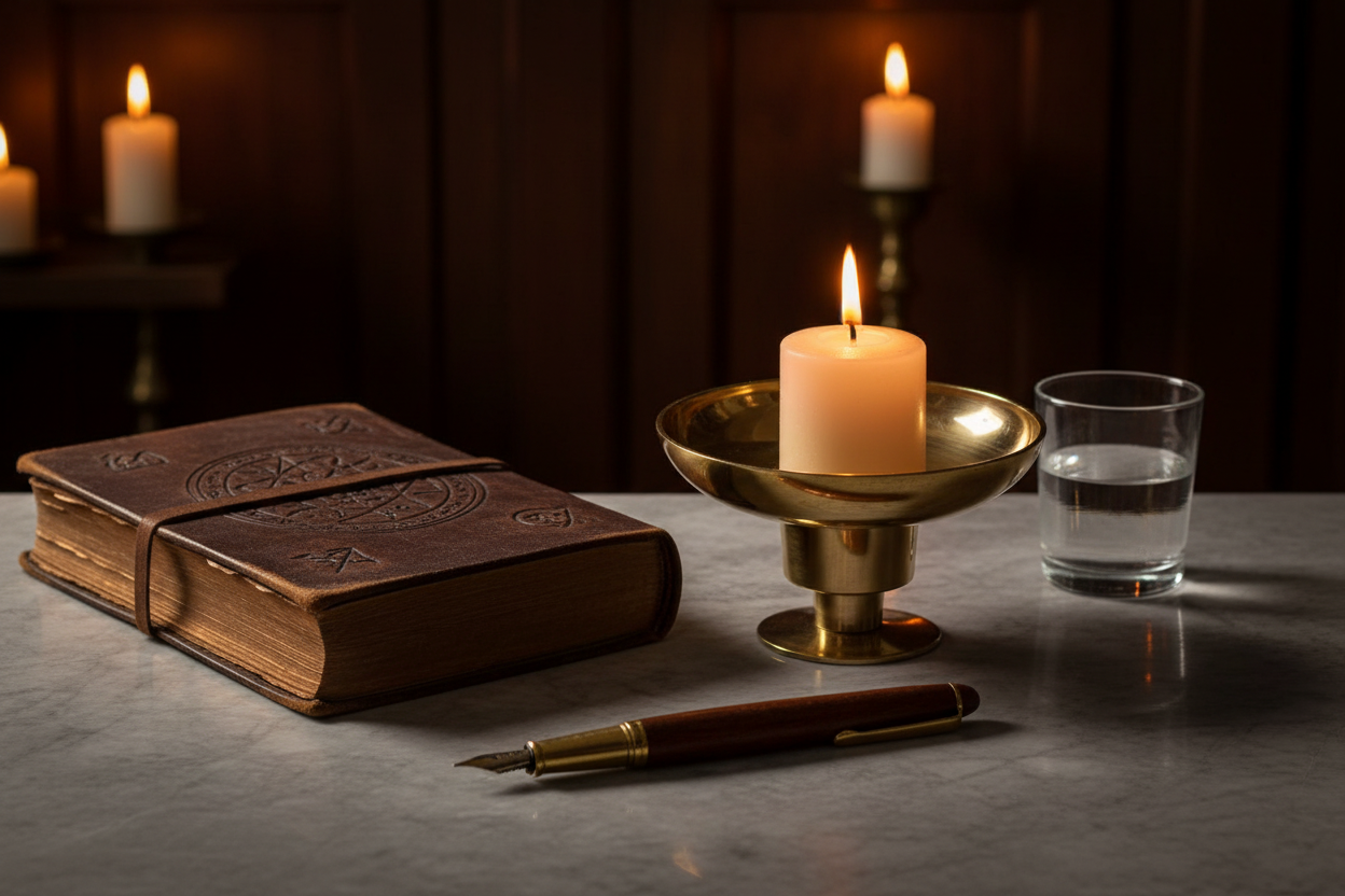 Brass Universal Candle Holder on marble with journal and candlelight