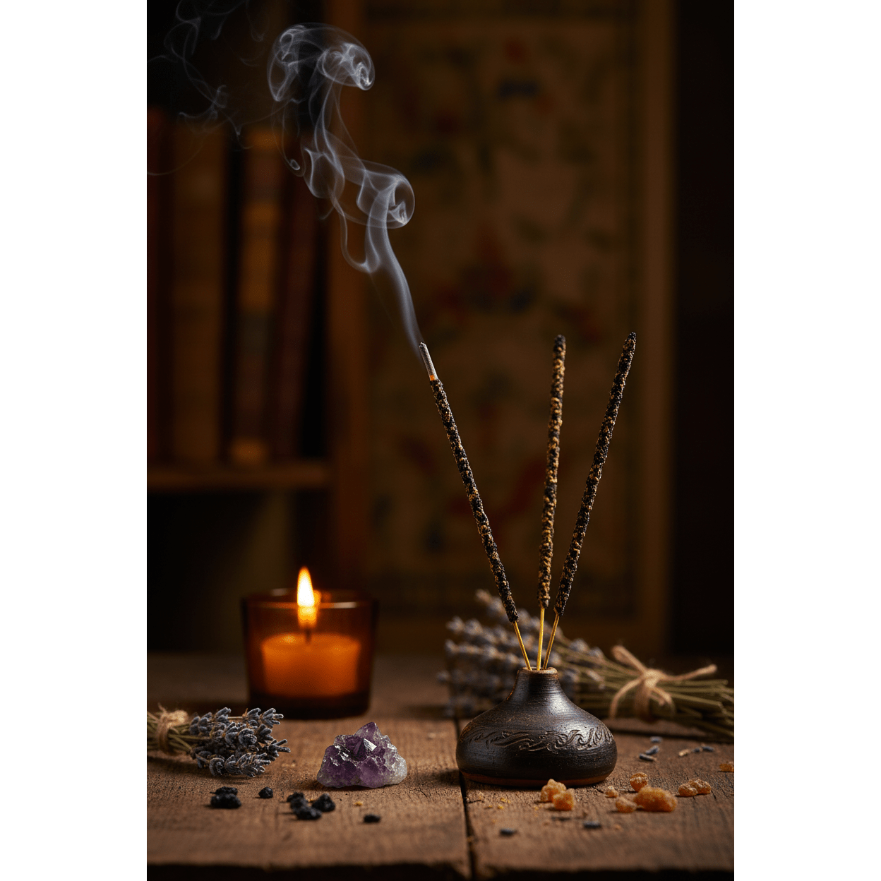 Sonavi Myrrh Incense Sticks 25g burning upright in a ceramic holder with smoke curling upward, surrounded by crystals and dried herbs on a dark wooden surface