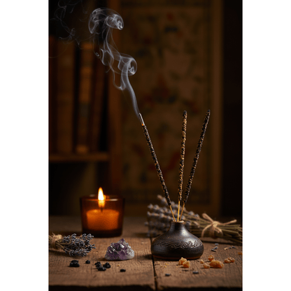 Sonavi Myrrh Incense Sticks 25g burning upright in a ceramic holder with smoke curling upward, surrounded by crystals and dried herbs on a dark wooden surface