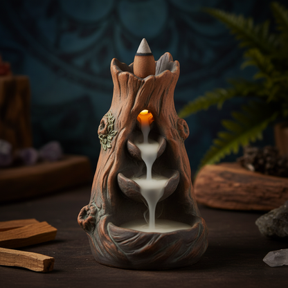 Palo Santo backflow incense cones in a ceramic burner with cascading smoke waterfall effect in a warm, moody light