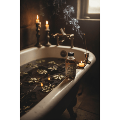 Seven Holy Hyssop Bath Oil 4oz on a clawfoot bathtub edge with incense smoke and floating botanicals