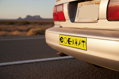 Coexist SciFi bumper sticker applied to rear bumper of silver sedan on desert highway at golden hour