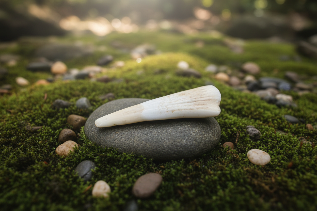 Water buffalo tooth resting on river stone surrounded by moss and pebbles