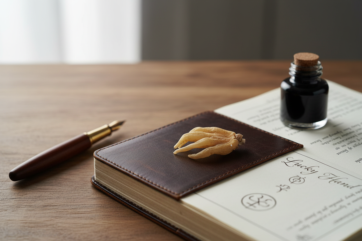 Lucky Hand Root resting in an open leather journal with a fountain pen and ink bottle
