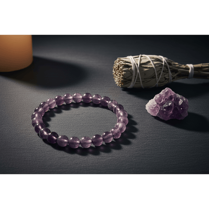Amethyst bracelet with 8mm muted dusty lavender beads on dark slate beside sage bundle and raw amethyst crystal, candlelit