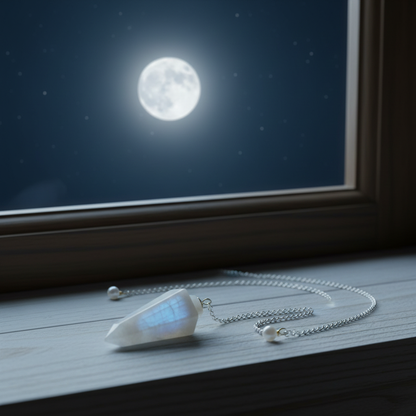 Rainbow moonstone pendulum resting on a moonlit windowsill with full moon visible through the window