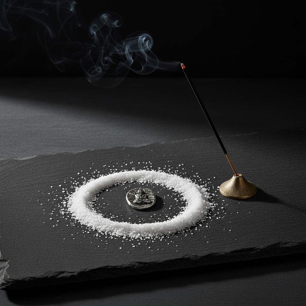 Buddha pocket stone centered in a white salt circle on dark slate with burning incense, spiritual ritual scene