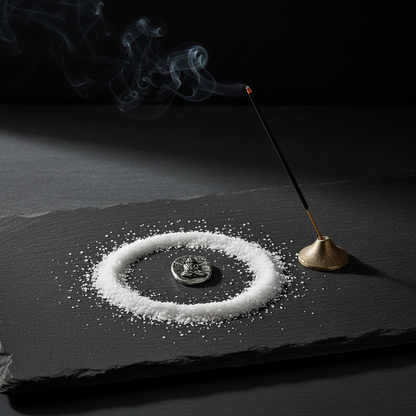 Buddha pocket stone centered in a white salt circle on dark slate with burning incense, spiritual ritual scene