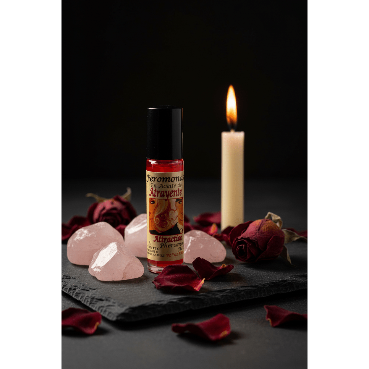 Attraction Perfume Oil roll-on bottle on dark slate with rose quartz crystals and candlelight
