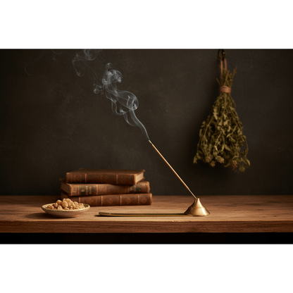 Hand-rolled incense stick burning in brass holder on rustic wooden shelf with leather-bound books and dried herbs, warm amber light