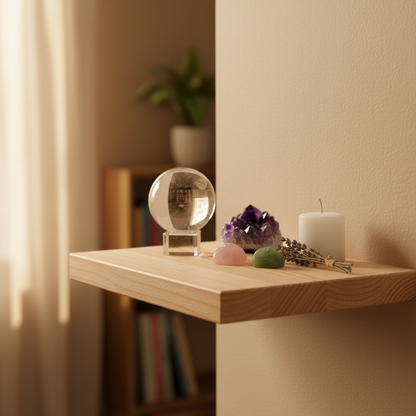 Clear quartz gazing ball on a wooden altar shelf with crystals, a white candle, and dried herbs in a warm home setting