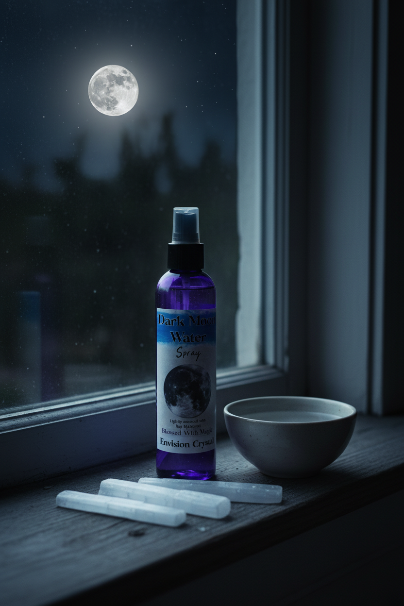 Dark Moon Water 8 oz ritual spray bottle on a windowsill at night with a realistic full moon visible through the window