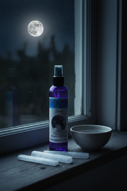 Dark Moon Water 8 oz ritual spray bottle on a windowsill at night with a realistic full moon visible through the window