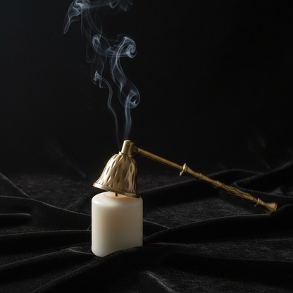Brass Renaissance candle snuffer resting on black velvet with white pillar candle being snuffed and wisps of smoke curling upward