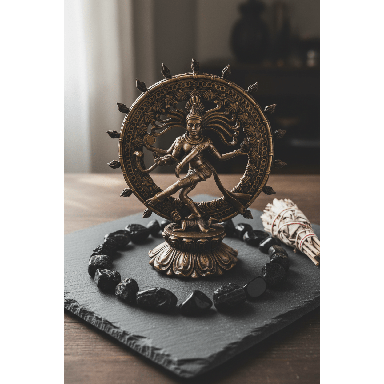 9-inch gold and bronze Shiva Nataraja statue surrounded by black tourmaline crystal grid and dried sage bundle on dark slate