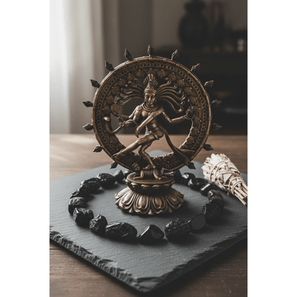 9-inch gold and bronze Shiva Nataraja statue surrounded by black tourmaline crystal grid and dried sage bundle on dark slate