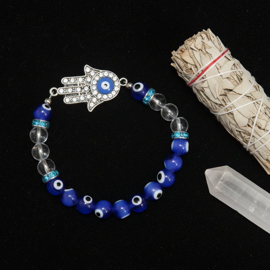 Evil Eye Clear Quartz Bracelet flat lay on black velvet with sage smudge stick and selenite wand