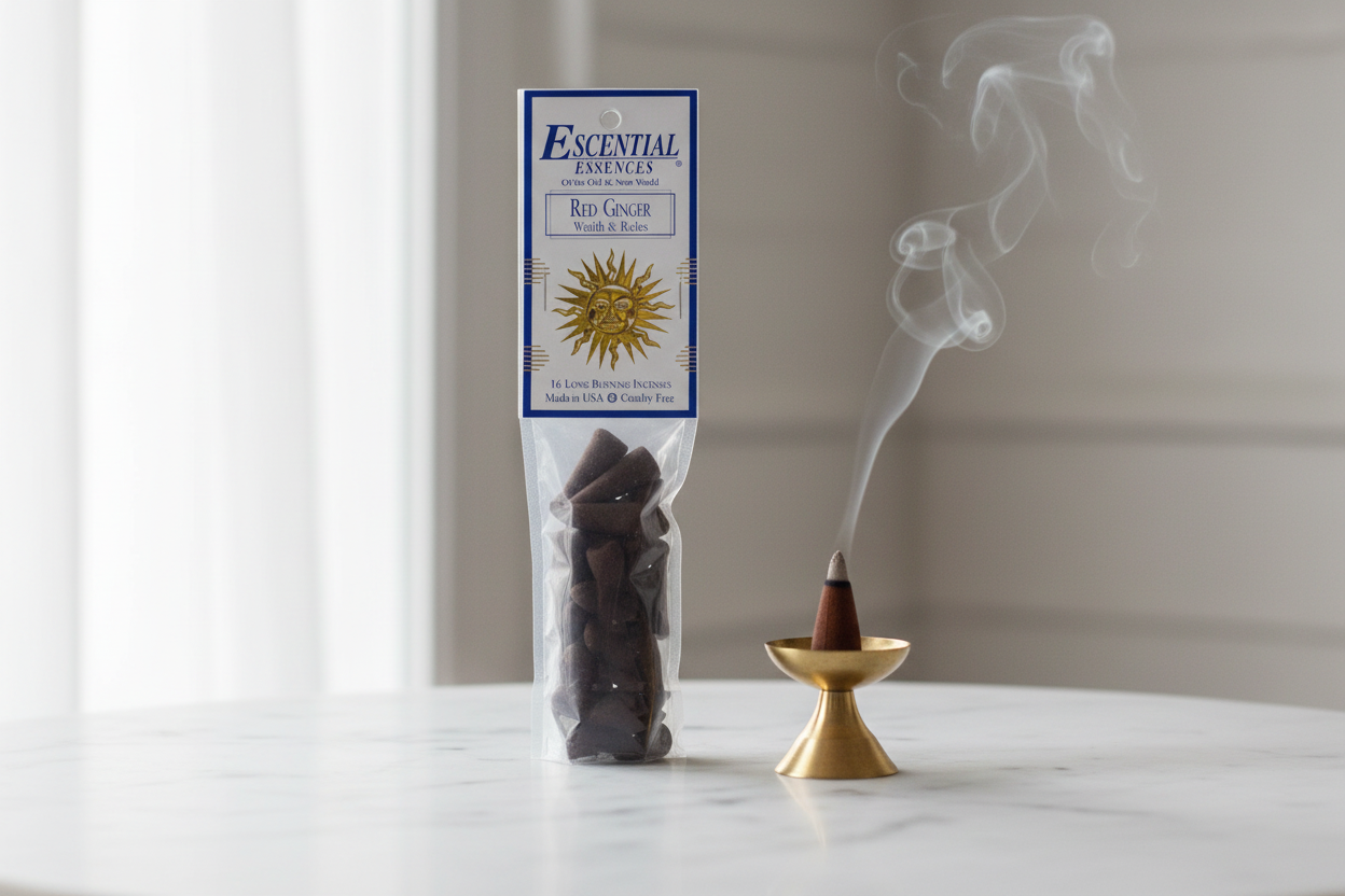 Red Ginger Incense Cones by Escential Essences on white marble next to a burning incense cone on a brass burner