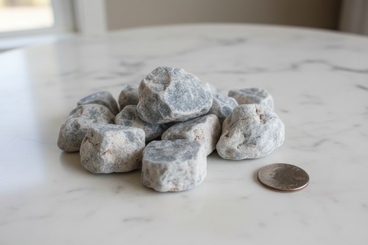 Raw Angelite untumbled stones on white marble with quarter for scale, 1 lb