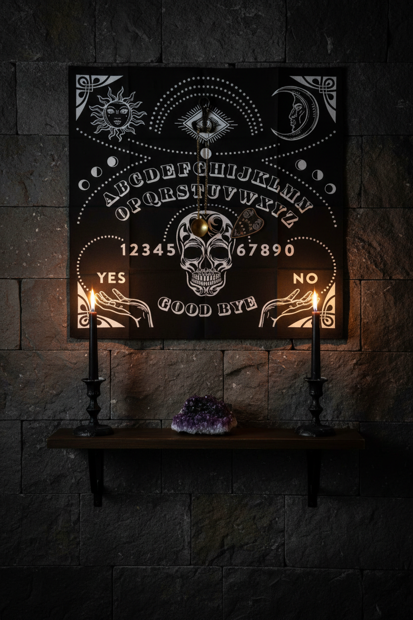 Ouija Board Mat hung on a dark stone wall as a decorative wall hanging with a pendulum and amethyst cluster