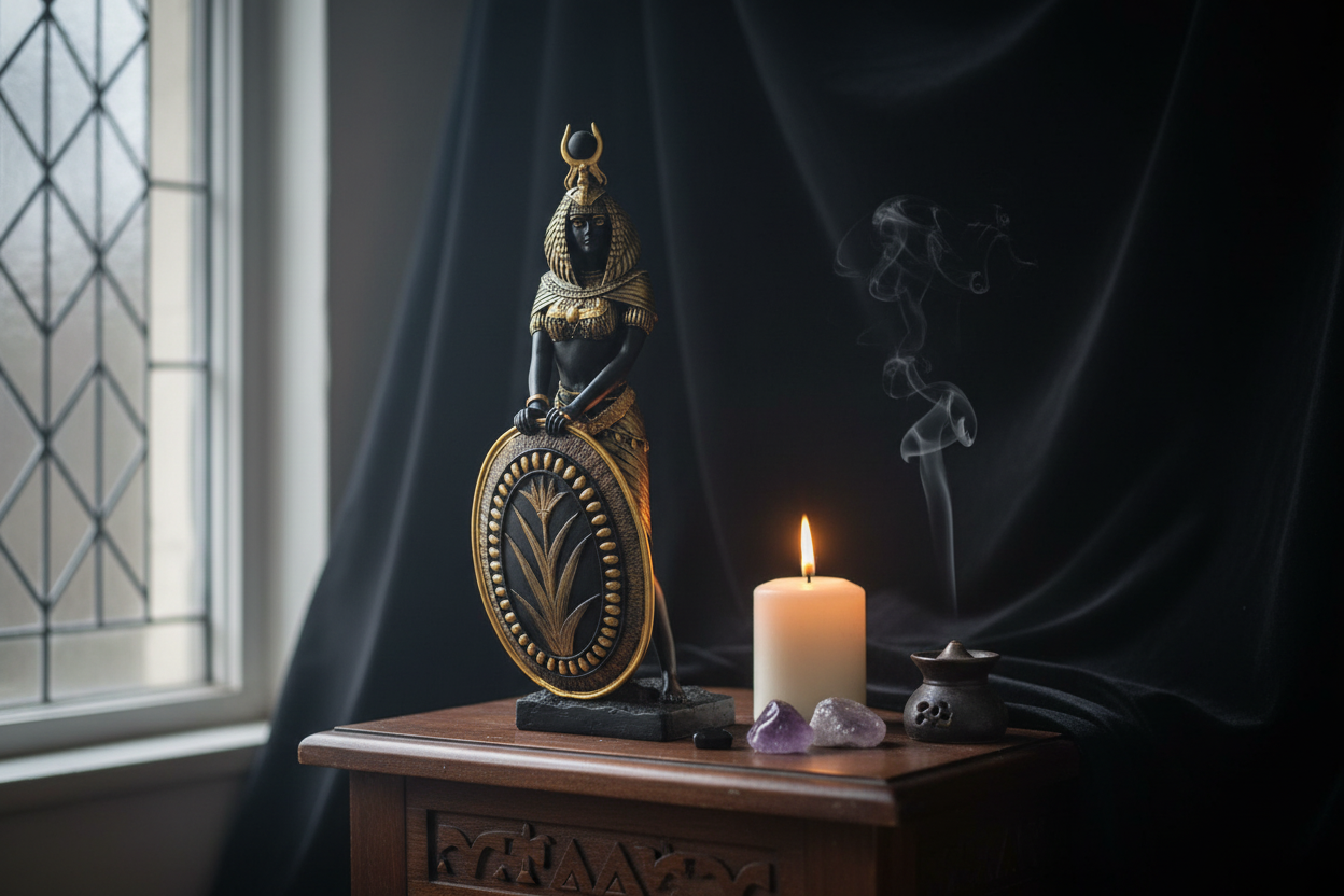 13-inch Black and Gold Shielded Isis Statue on a dark wooden altar with candle and crystals