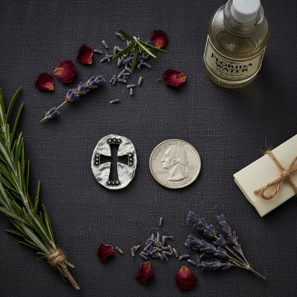 Cross Pewter Pocket Stone flat lay with Florida Water, herbs, and petition paper — quarter size scale