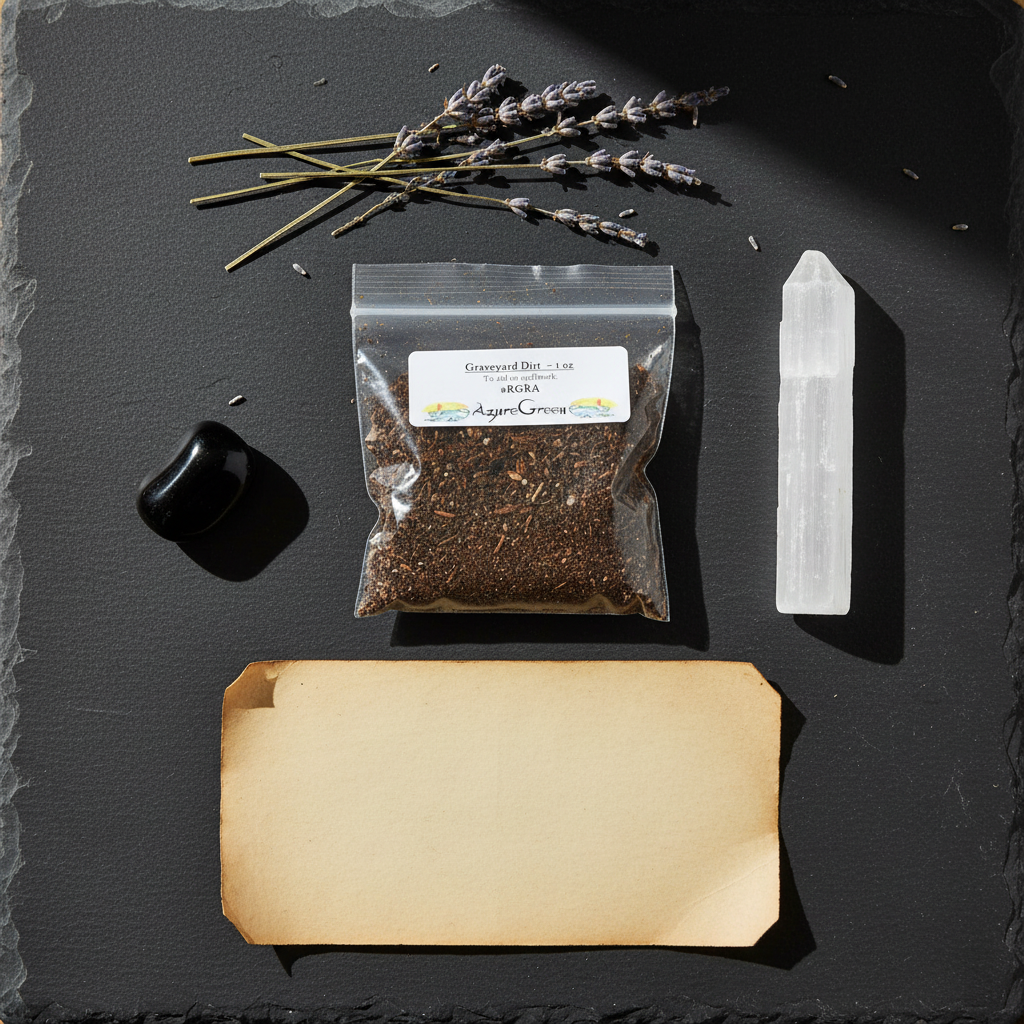 Flat lay of 1oz graveyard dirt bag on dark slate with selenite wand, obsidian stone, dried lavender, and parchment paper
