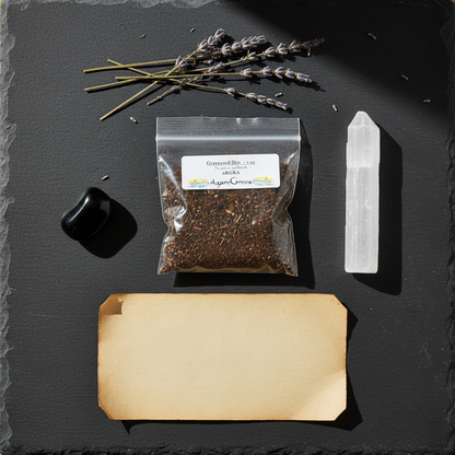 Flat lay of 1oz graveyard dirt bag on dark slate with selenite wand, obsidian stone, dried lavender, and parchment paper