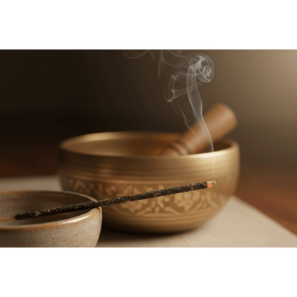 Close-up of a single Sonavi 7 Chakra incense stick resting across a ceramic bowl with smoke rising gently, singing bowl visible in background.