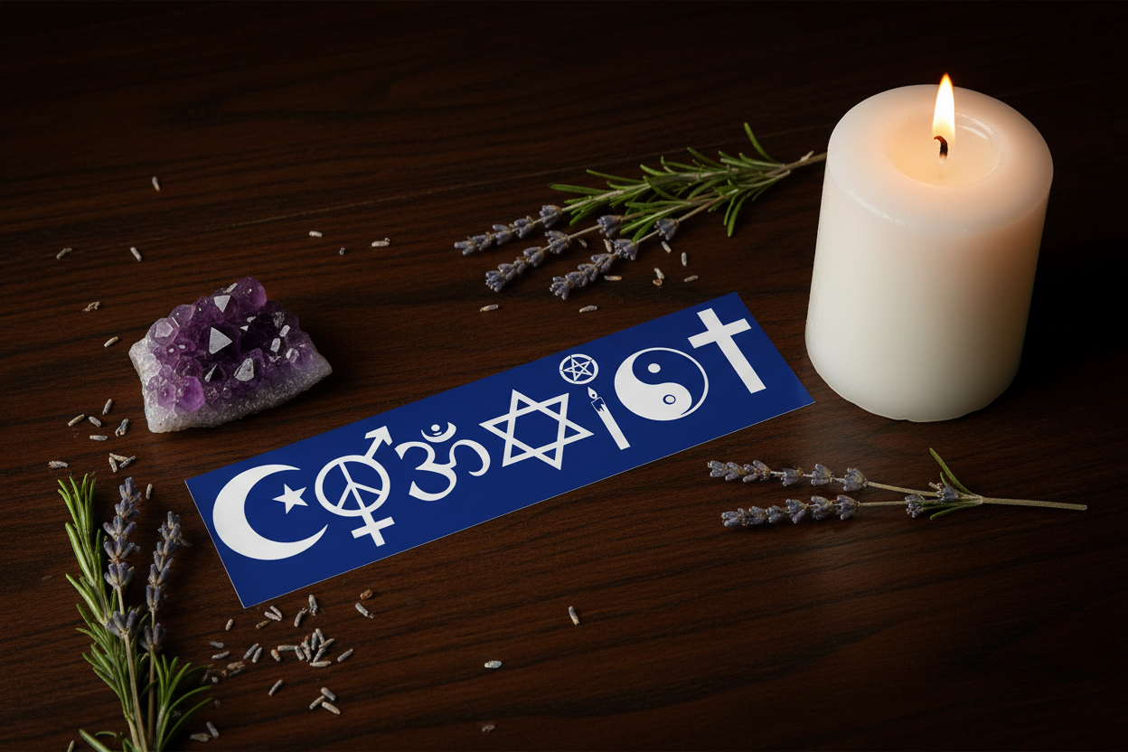 Coexist bumper sticker on a dark wood altar with candle, amethyst, and dried herbs