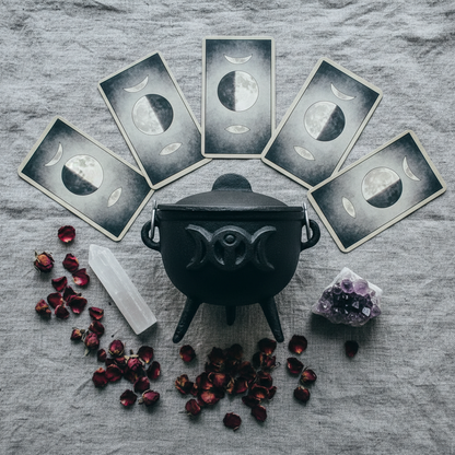 Flat lay of 4.5-inch Triple Moon cast iron cauldron on grey linen with moon phase cards, dried rose petals, selenite wand, and amethyst crystals