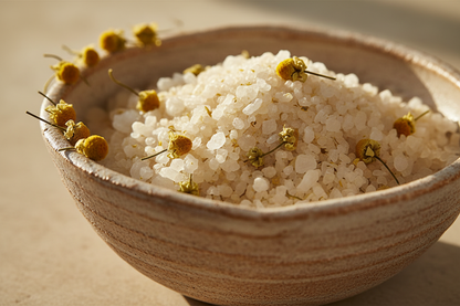Close-up of pale golden bath salts and dried chamomile flowers in a ceramic bowl