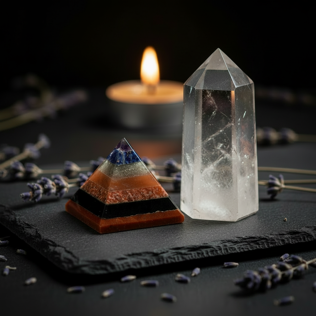 Tiny multi-layer stone pyramid on dark slate altar beside a clear quartz crystal point and dried lavender