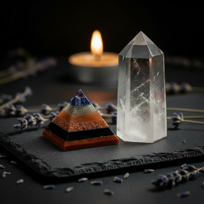 Tiny multi-layer stone pyramid on dark slate altar beside a clear quartz crystal point and dried lavender