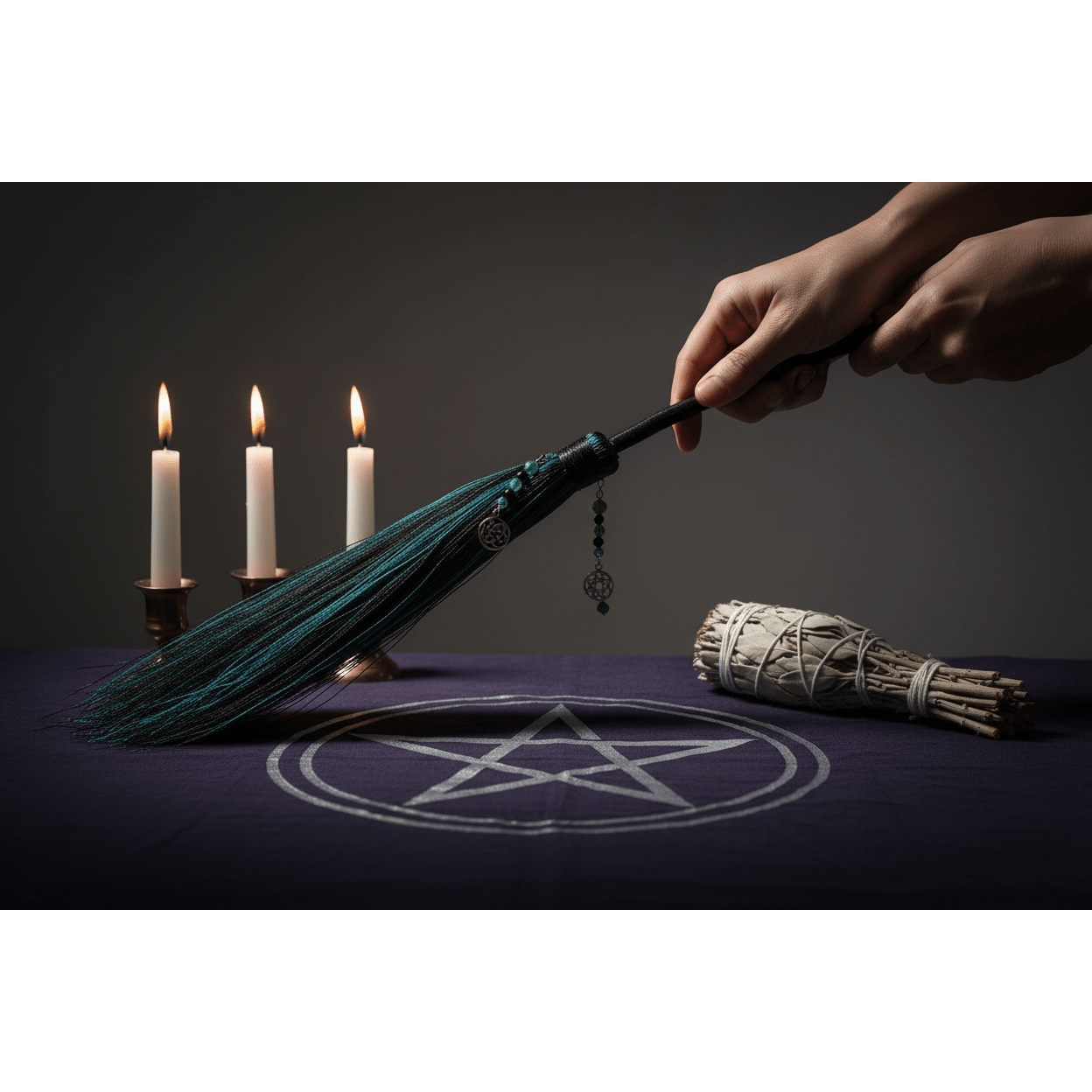 21-inch Celtic black and green besom broom held over a ritual altar with pentacle cloth, white sage, and taper candles