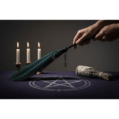 21-inch Celtic black and green besom broom held over a ritual altar with pentacle cloth, white sage, and taper candles