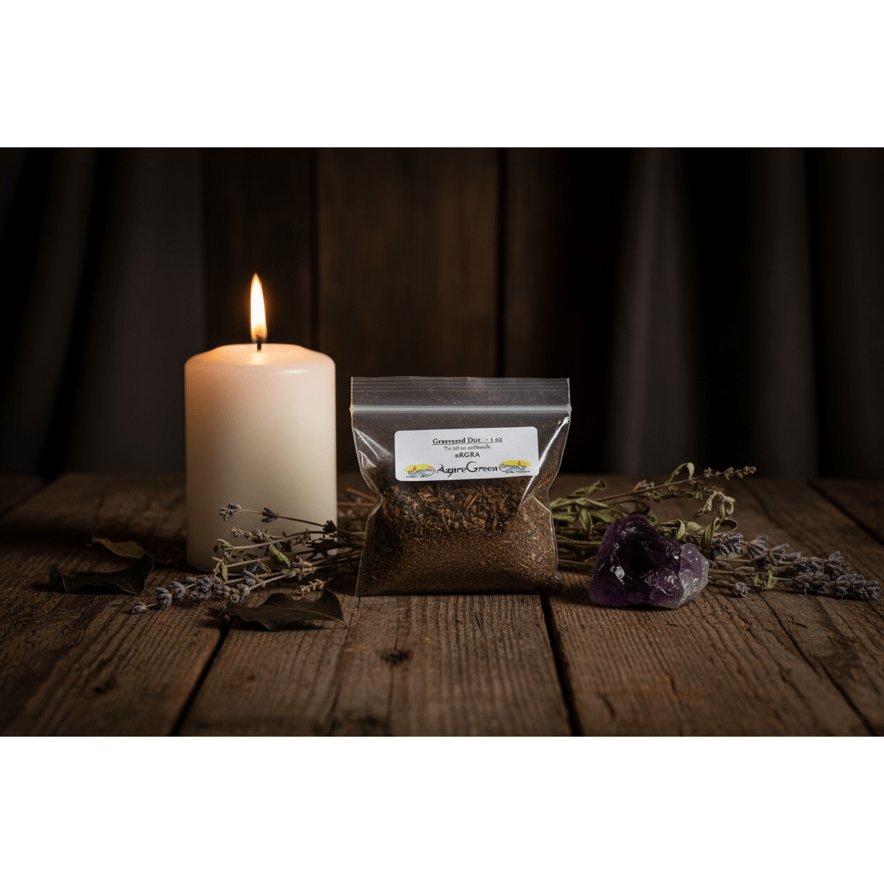 1oz resealable bag of graveyard dirt on a wooden altar with a white pillar candle, dried herbs, and amethyst crystal in candlelit atmosphere