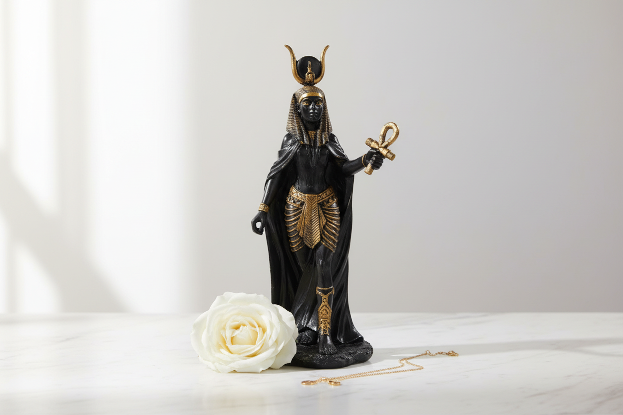 Hathor Statue 11" on white marble surface with white rose and gold chain, minimalist luxury setting