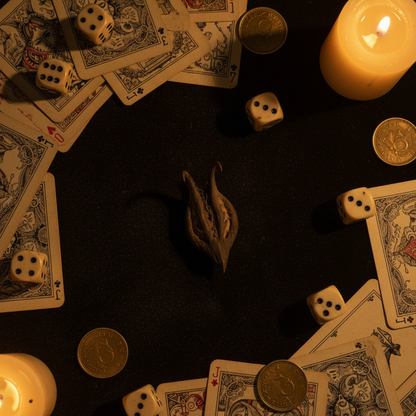 Bat Heart Root on antique playing cards and dice with gold coins