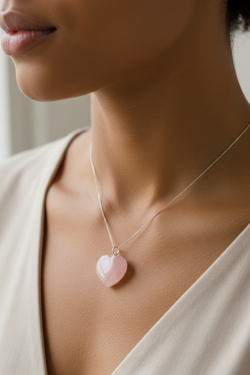Rose Quartz Heart Pendant, 7/8"