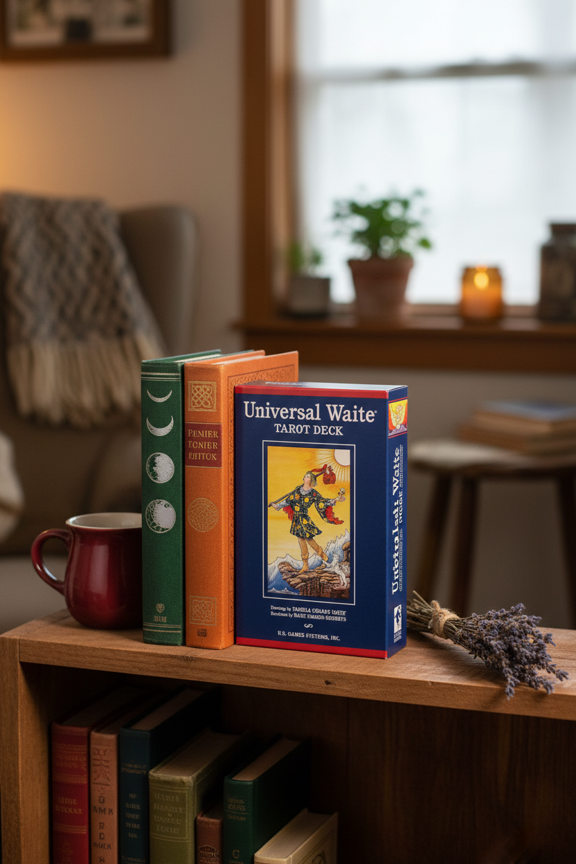 Universal Waite Tarot Deck upright on wooden bookshelf between paperback books